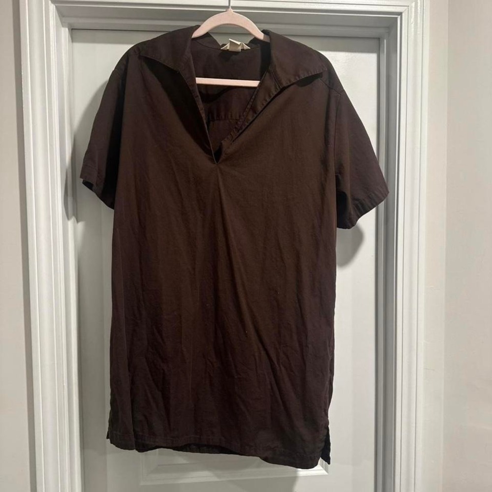 Brown Short Sleeve Mini Dress Casual Tunic Shirt Dress